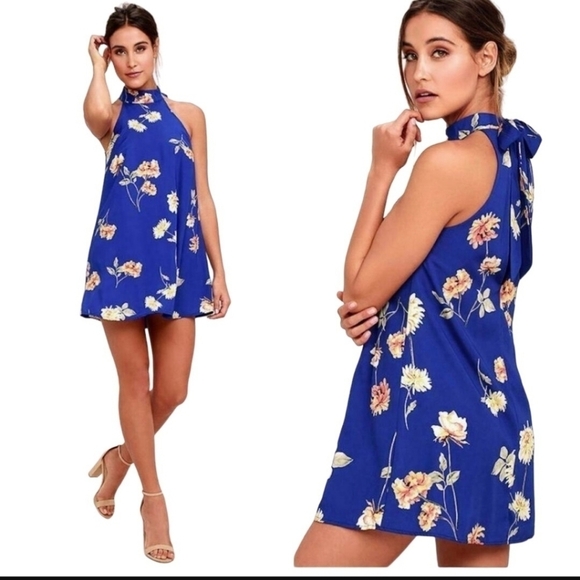 Lulus Darling Dearest Royal Blue Floral Mini Swing Dress Size S - Picture 1 of 10